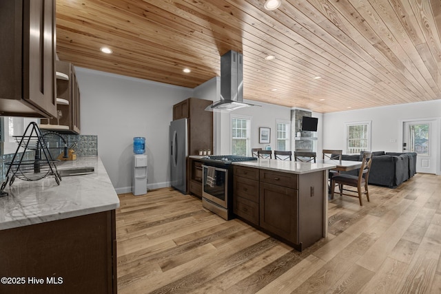 kitchen featuring dark brown cabinetry, ventilation hood, wooden ceiling, appliances with stainless steel finishes, and light stone countertops