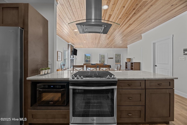 kitchen with wood ceiling, stainless steel appliances, light stone countertops, light hardwood / wood-style floors, and island exhaust hood