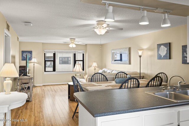 living room with ceiling fan, a textured ceiling, and light hardwood / wood-style floors