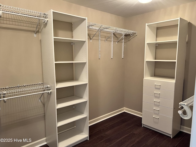 walk in closet with dark hardwood / wood-style floors