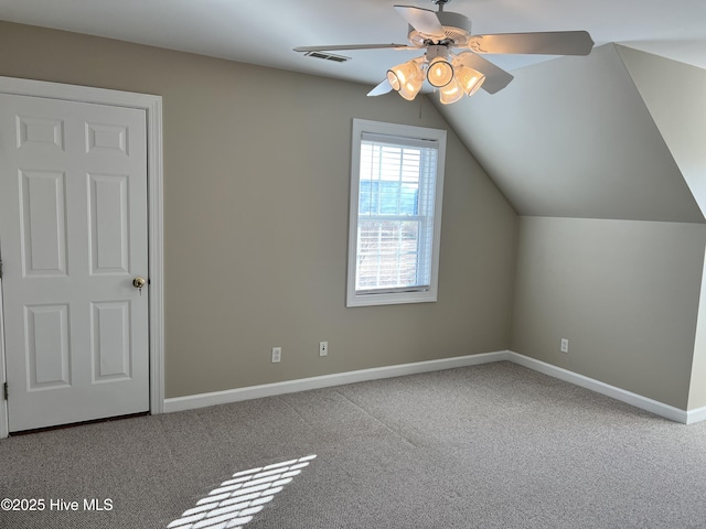 bonus room featuring vaulted ceiling, ceiling fan, and carpet floors