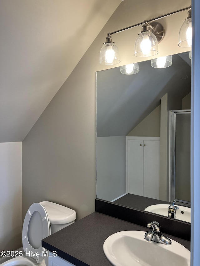 bathroom with a shower with shower door, toilet, and lofted ceiling