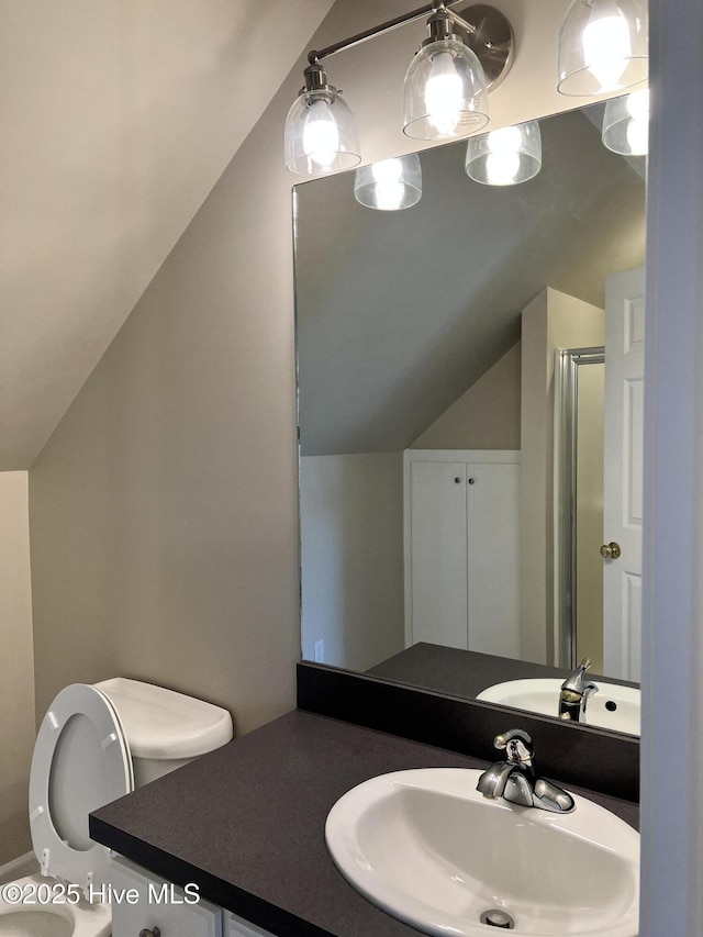 bathroom featuring toilet, lofted ceiling, a shower with door, and vanity