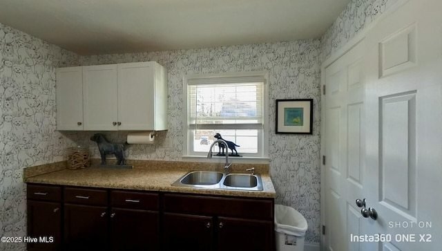 kitchen with sink, dark brown cabinets, and white cabinets