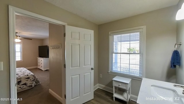 bathroom featuring a textured ceiling, ceiling fan, a wealth of natural light, and vanity