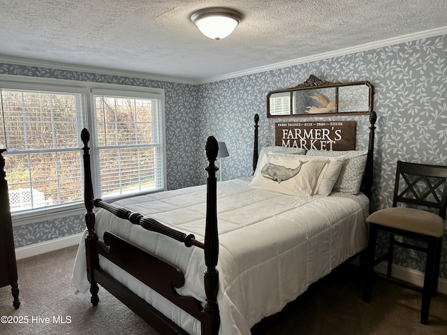 bedroom with carpet flooring, multiple windows, and ornamental molding