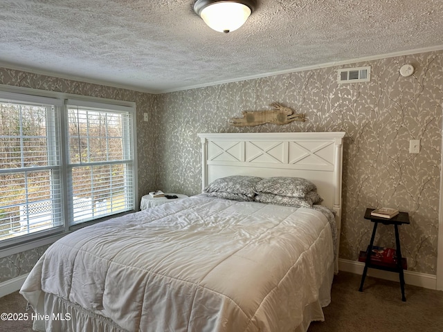 carpeted bedroom with ornamental molding