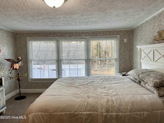 bedroom featuring ornamental molding and carpet