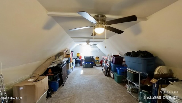 bonus room with vaulted ceiling, ceiling fan, and carpet flooring