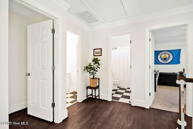 hall featuring dark hardwood / wood-style flooring and ornamental molding