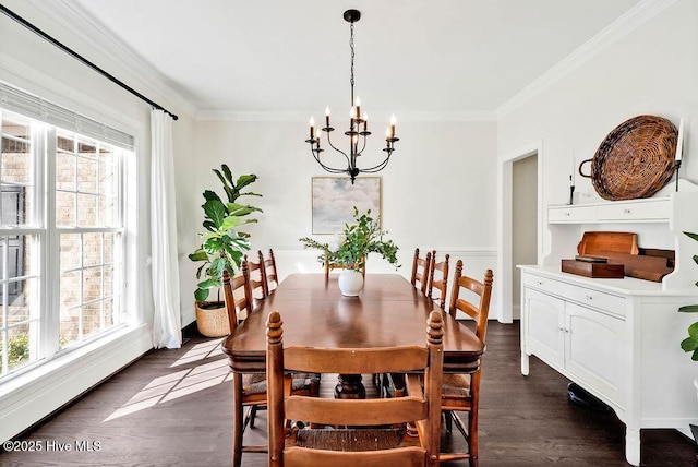 dining area with dark wood-type flooring, a chandelier, a healthy amount of sunlight, and crown molding