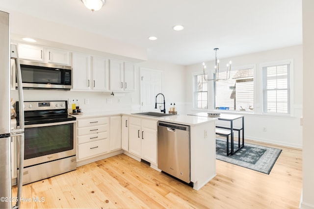 kitchen featuring kitchen peninsula, sink, stainless steel appliances, and white cabinetry