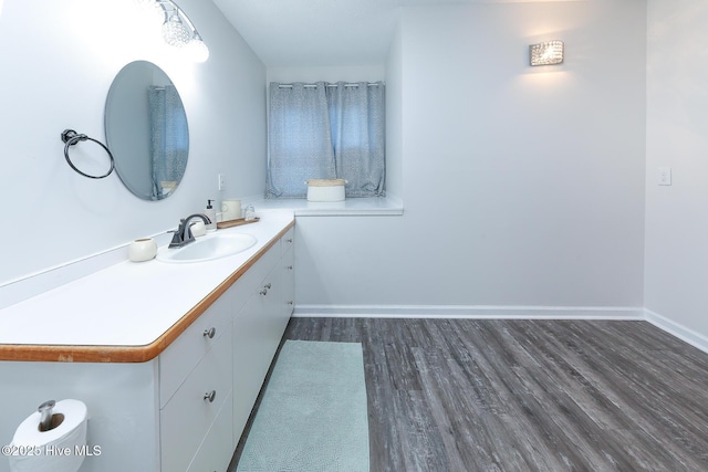 bathroom with vanity and wood-type flooring