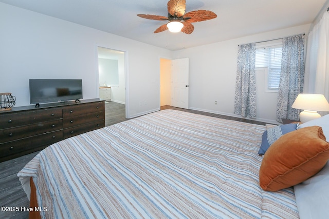 bedroom with ceiling fan, light hardwood / wood-style flooring, and ensuite bath