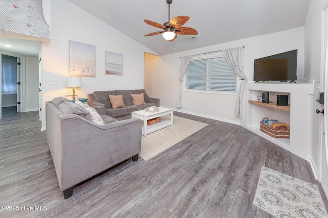 living room with high vaulted ceiling, ceiling fan, and hardwood / wood-style floors