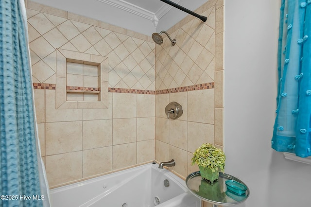 bathroom featuring shower / bathtub combination with curtain and crown molding