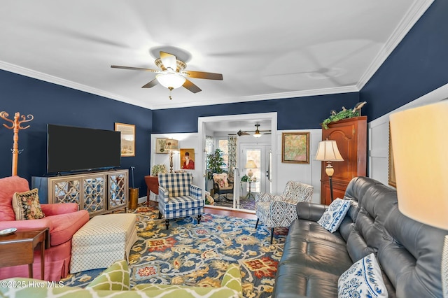 living room with crown molding