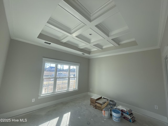 empty room with coffered ceiling, crown molding, and beamed ceiling