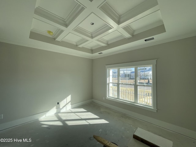 spare room with beam ceiling, coffered ceiling, and crown molding