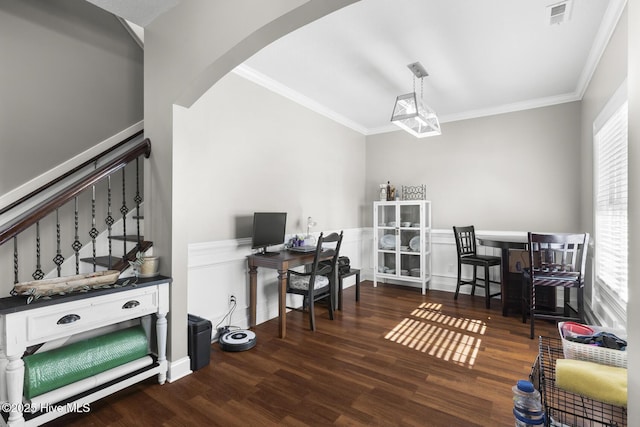 office area with dark wood-type flooring and crown molding