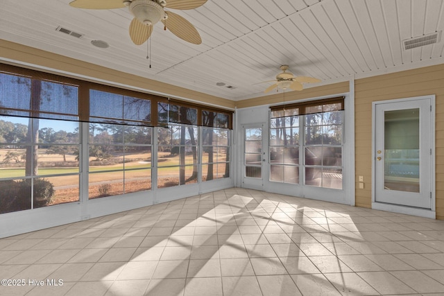 unfurnished sunroom with ceiling fan and wooden ceiling