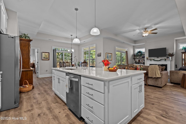 kitchen featuring white cabinets, a raised ceiling, a kitchen island with sink, and appliances with stainless steel finishes