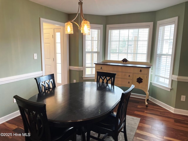 dining area featuring a chandelier, a wealth of natural light, and dark wood-type flooring