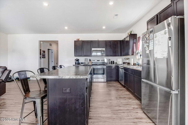 kitchen featuring appliances with stainless steel finishes, light wood-type flooring, a kitchen bar, and a kitchen island