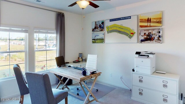 carpeted office space featuring ceiling fan and a healthy amount of sunlight