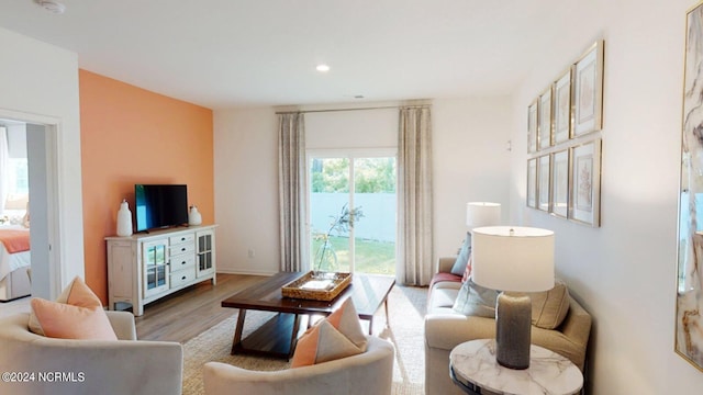 living room with light hardwood / wood-style flooring