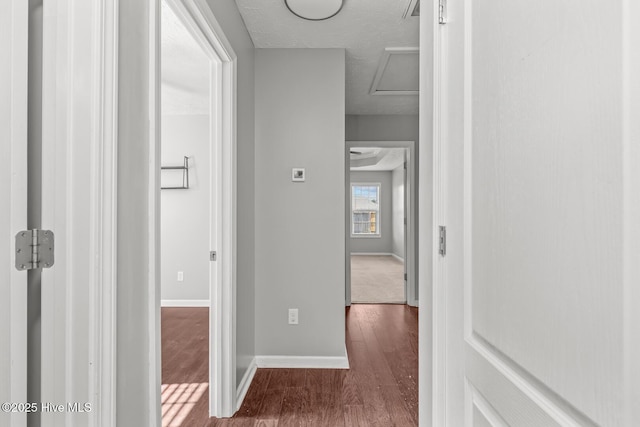 hallway with dark wood-type flooring and a textured ceiling