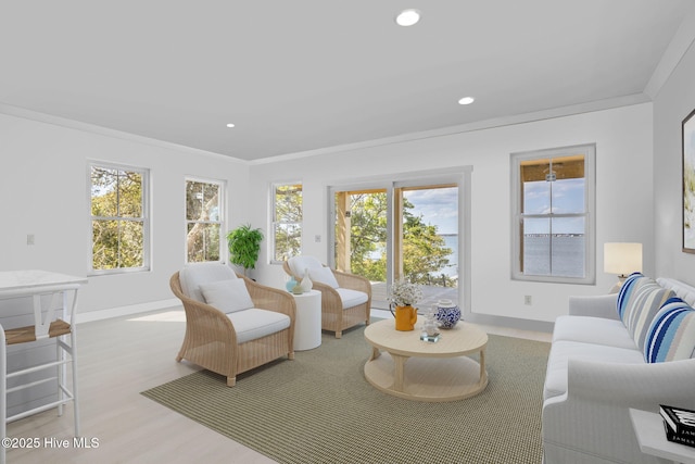 3804 Emerald Dr E, Emerald Isle, NC 28594 - living room with baseboards, ornamental molding, recessed lighting, and wood finished floors