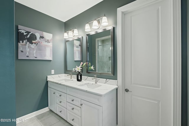 bathroom with vanity, tile patterned floors, and walk in shower