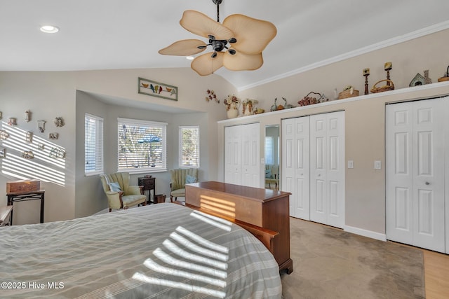 1126 Ccc Rd, Sneads Ferry, NC 28460 - bedroom with vaulted ceiling, ceiling fan, and multiple closets