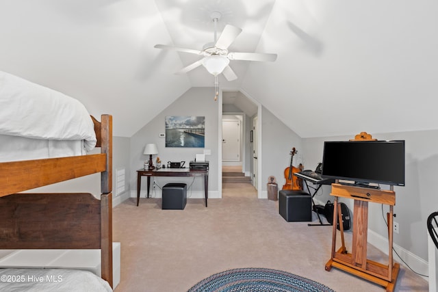 bedroom with ceiling fan, light carpet, and lofted ceiling