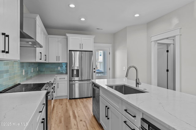 kitchen featuring light stone counters, sink, white cabinetry, and stainless steel appliances