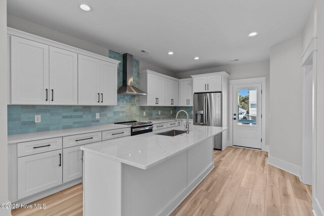 kitchen featuring stainless steel electric range, backsplash, wall chimney exhaust hood, and white cabinetry