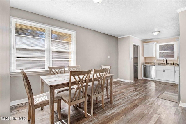 dining space with hardwood / wood-style floors, a textured ceiling, and sink