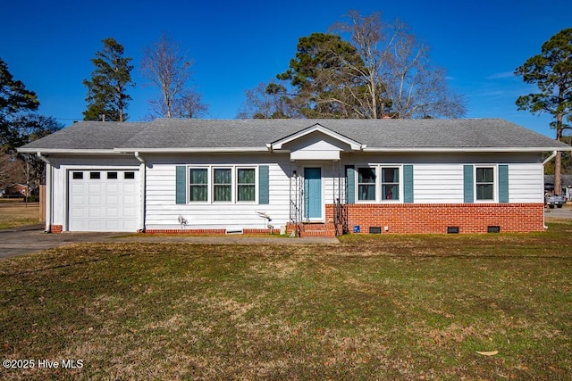 ranch-style house with crawl space, a front lawn, aphalt driveway, and a garage