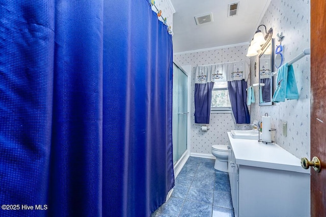 full bathroom featuring visible vents, toilet, a stall shower, and wallpapered walls