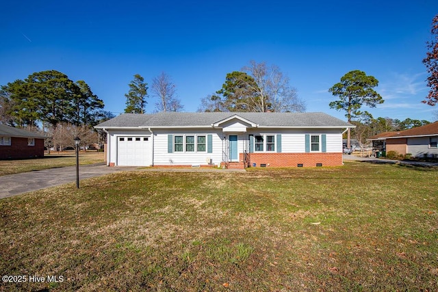 ranch-style house featuring crawl space, driveway, a front lawn, and an attached garage