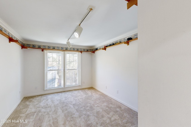 spare room with light carpet, track lighting, and ornamental molding