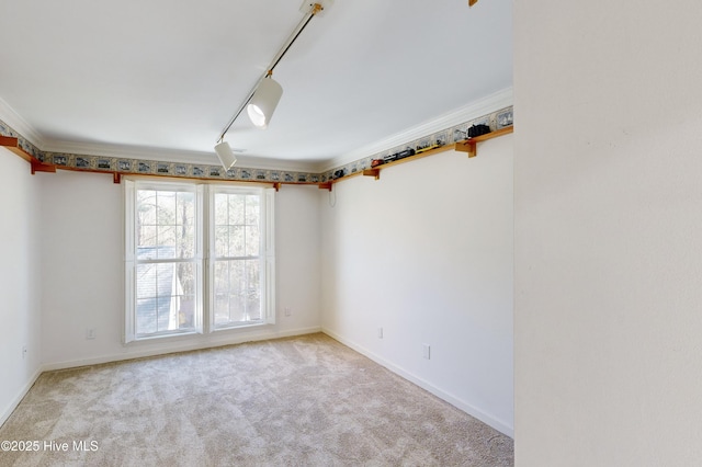 spare room with light carpet, ornamental molding, and rail lighting