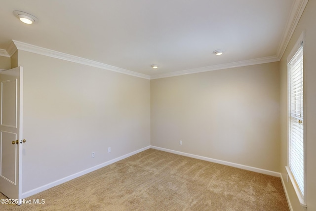 empty room with light colored carpet, baseboards, and ornamental molding