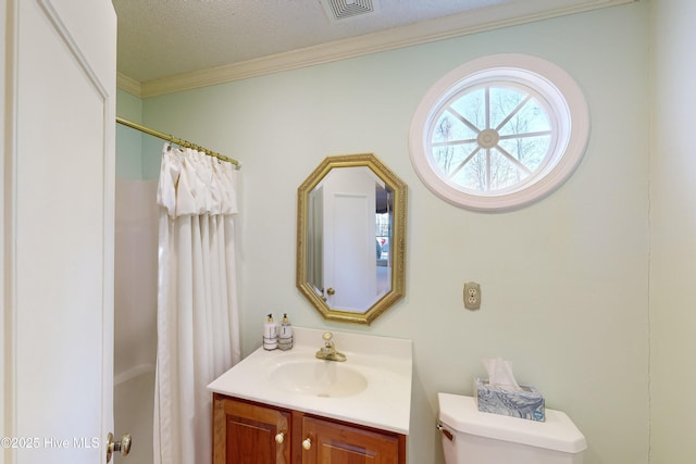 bathroom with visible vents, curtained shower, toilet, crown molding, and vanity