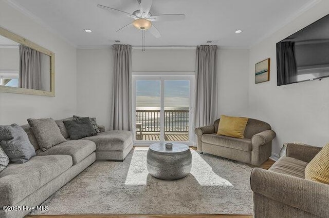 1788 New River Inlet Rd, North Topsail Beach, NC 28460 - living room with a ceiling fan, crown molding, recessed lighting, and wood finished floors