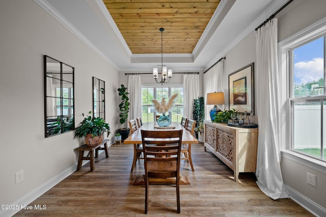 dining room featuring a wealth of natural light, wooden ceiling, and a raised ceiling