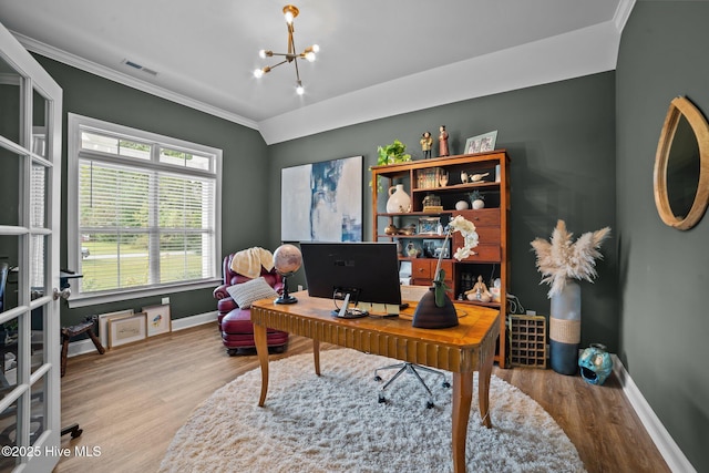 office area featuring wood-type flooring, crown molding, vaulted ceiling, and a notable chandelier