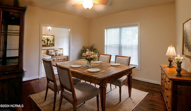 dining space featuring ceiling fan and dark hardwood / wood-style flooring