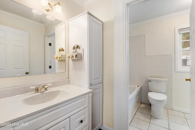 bathroom featuring tile patterned flooring, toilet, vanity, tile walls, and ornamental molding